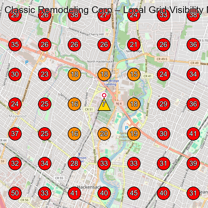 Classic Remodeling Corp GeoGrid visibility map for Roofing Contractor in Hackensack